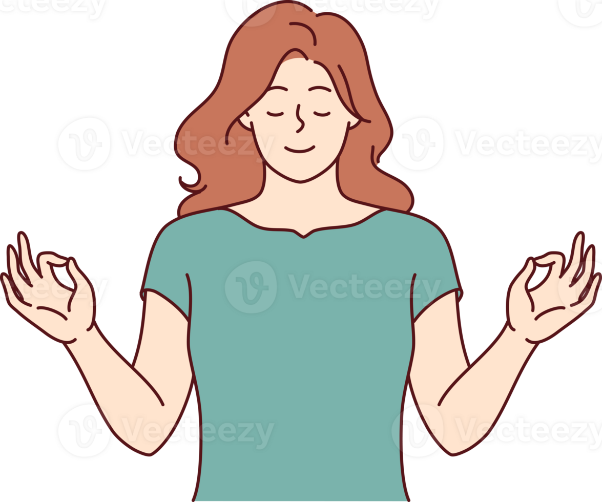 Serene woman meditating making mudra gesture and practicing yoga to bring thoughts in order png
