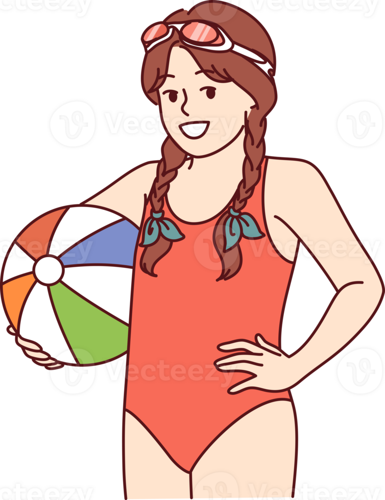 Little girl with water volleyball ball is dressed in bathing suit for visiting pool or beach png