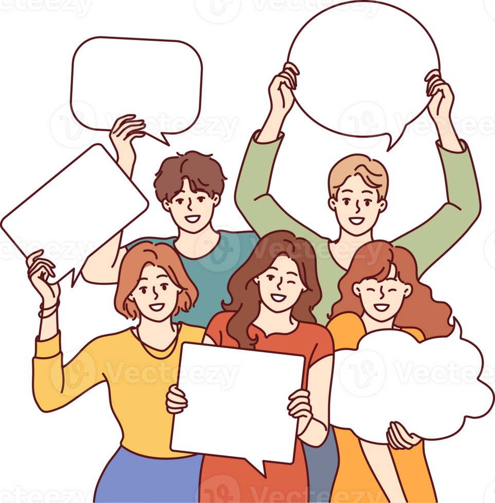 People with speech bubbles in hands are invited to visit conversation club and exchange opinions png