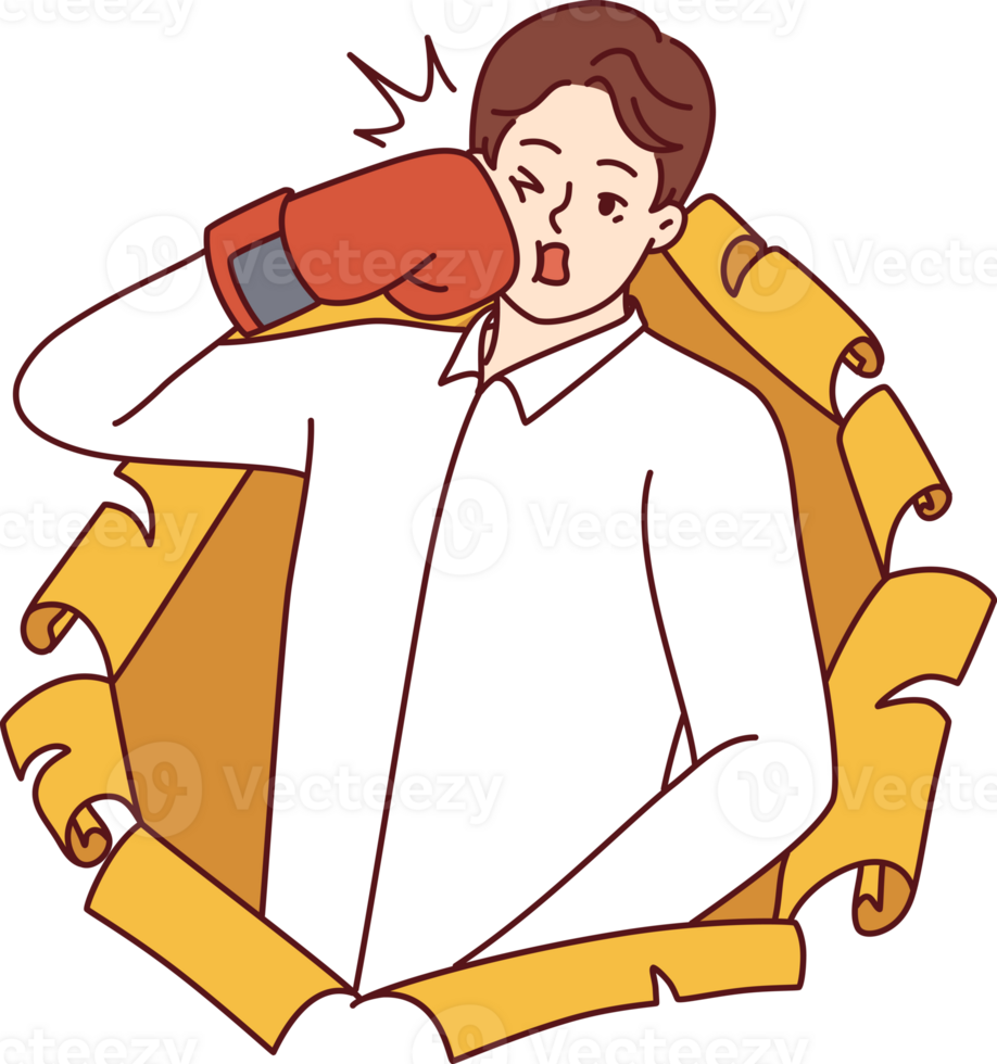 Man in boxing glove punches himself in face and peeking out of hole in torn paper. png