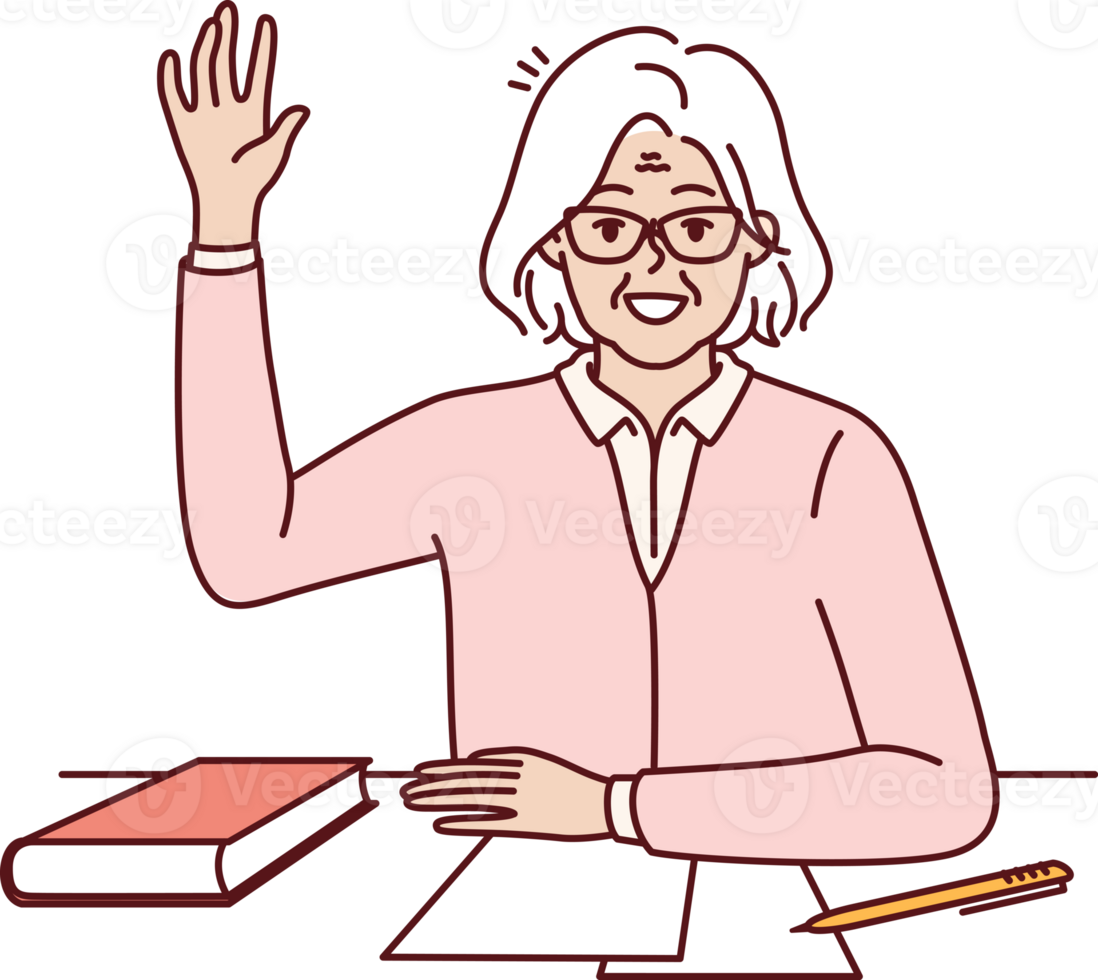 Happy elderly woman student sits at school desk with book and raises hand up wanting to ask question png