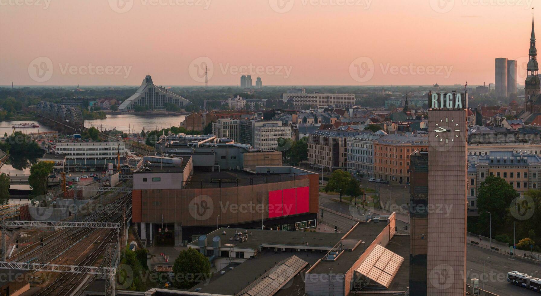 Summer sunset in Riga, Latvia. Aerial view of Riga, the capital of Latvia at sunset. photo