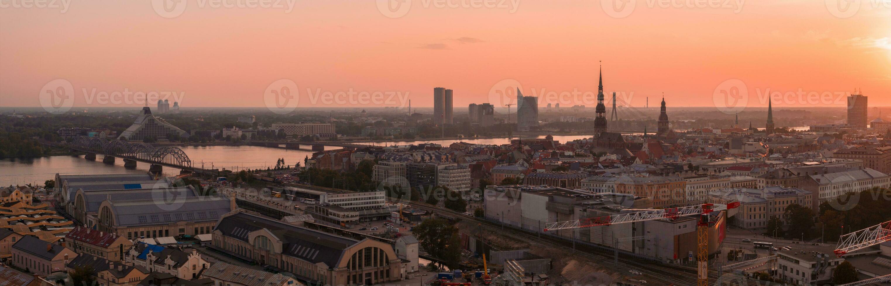 Summer sunset in Riga, Latvia. Aerial view of Riga, the capital of Latvia at sunset. photo