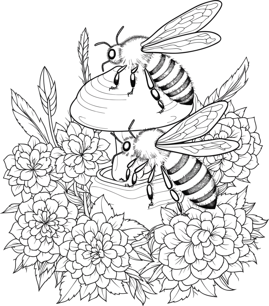 abeja decoración ilustración en negro y blanco ai generativo png