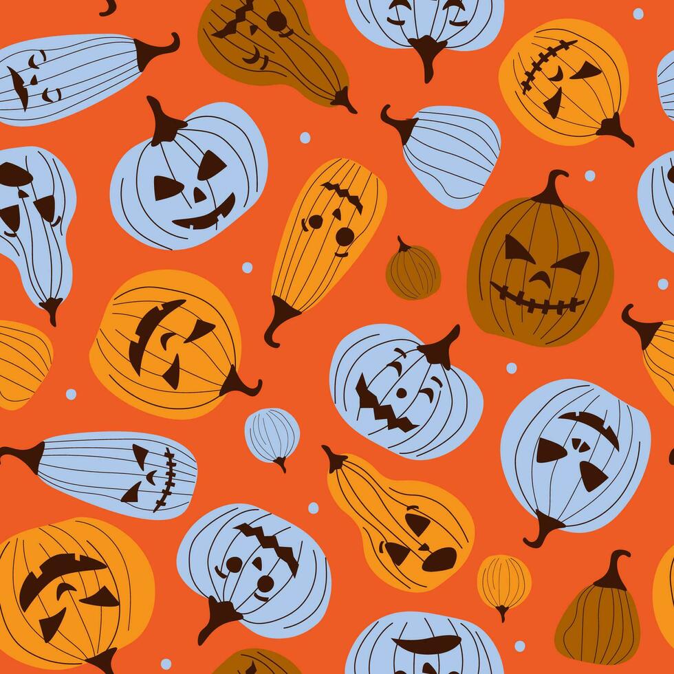 Seamless pattern with pumpkins for Halloween. Ominous terrible faces. Vector graphics.