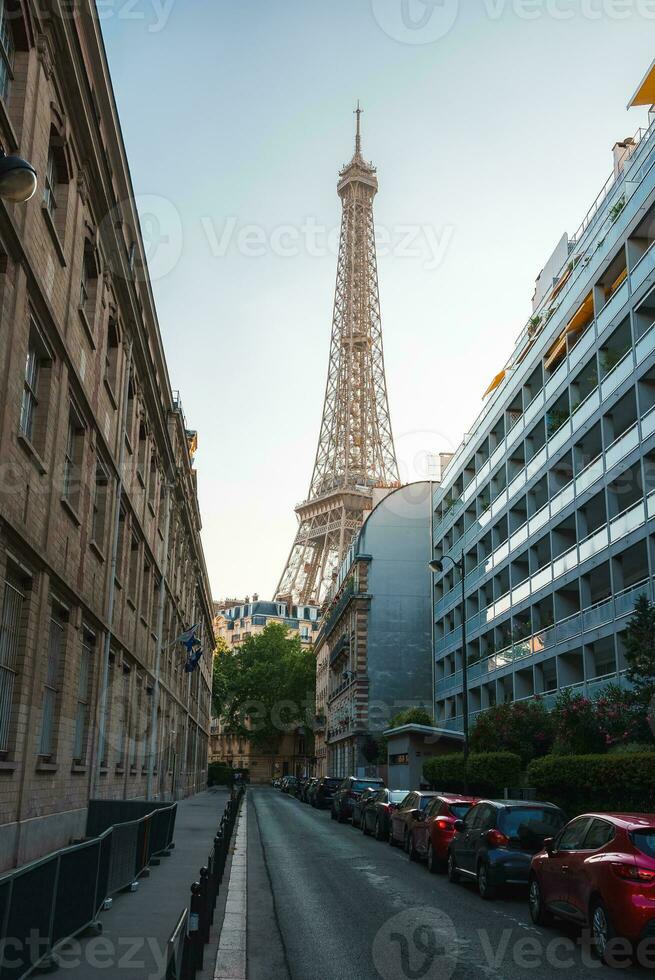 Parisian Street View of Eiffel Tower at Sunset photo