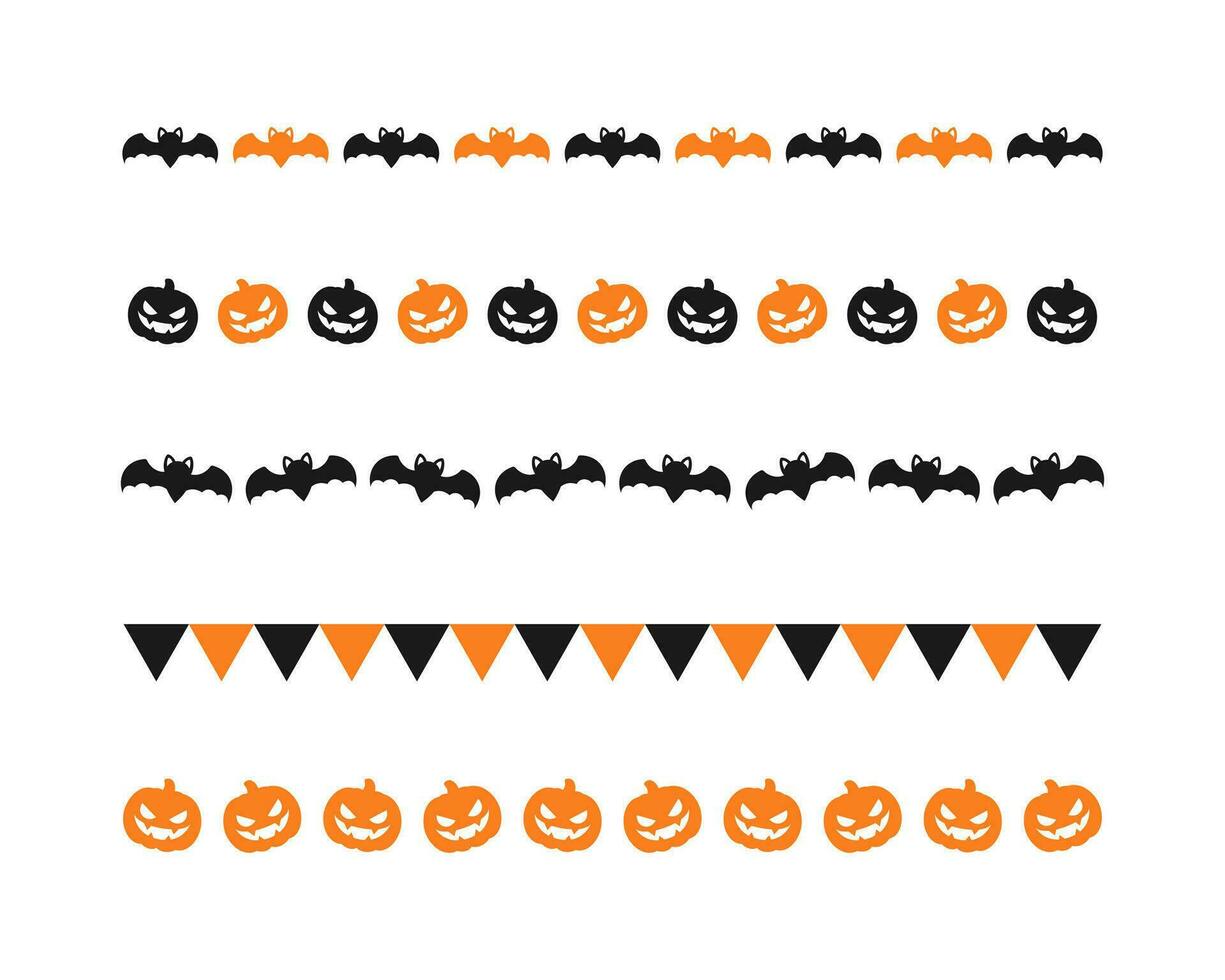Separator Border illustration line set of cute jack o lanterns, bats, flag bunting, trick or treat icon pattern for Halloween day vector