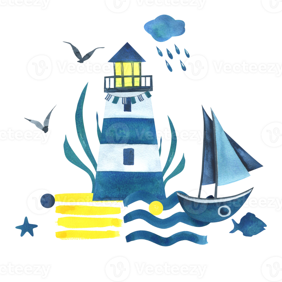 Sea lighthouse with a sailboat, algae, seagulls, clouds, raindrops. Watercolor illustration, hand drawn in a children's style. Isolated composition png