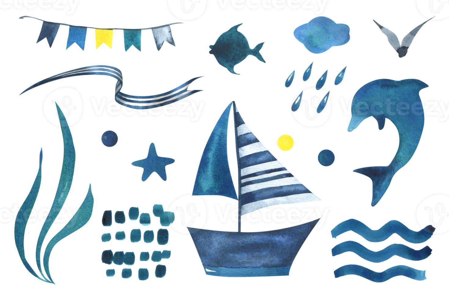 Sailing boat blue striped with a dolphin, waves, fish, ribbons, flags, bubbles. Watercolor illustration hand drawn in children's style. Set of isolated elements png