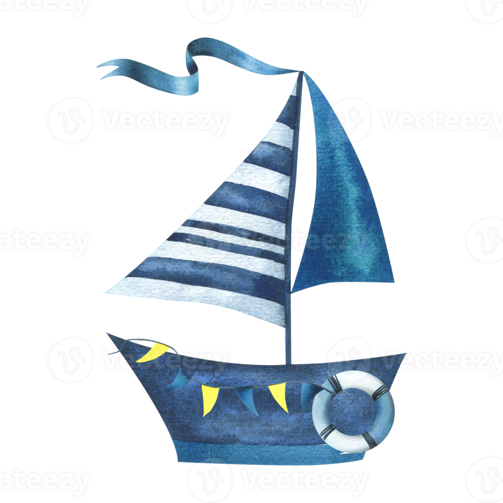 Nice blue boat with straped sails, garland flags, life buoy, ribbon. Hand-drawn watercolor illustration in children's style. Isolated object png