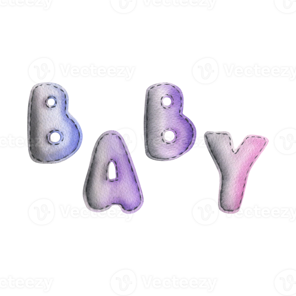Letters BABY sewn from fabric in gray and lilac. Watercolor illustration, hand drawn. Set of isolated elements png