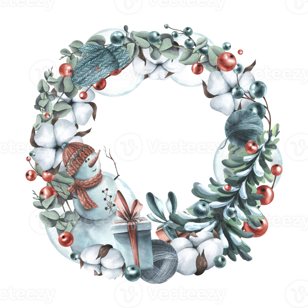 Christmas wreath with New Year's toys, winter knitted clothes, plants, snowman. Watercolor illustration, hand drawn. Template for congratulations and text png