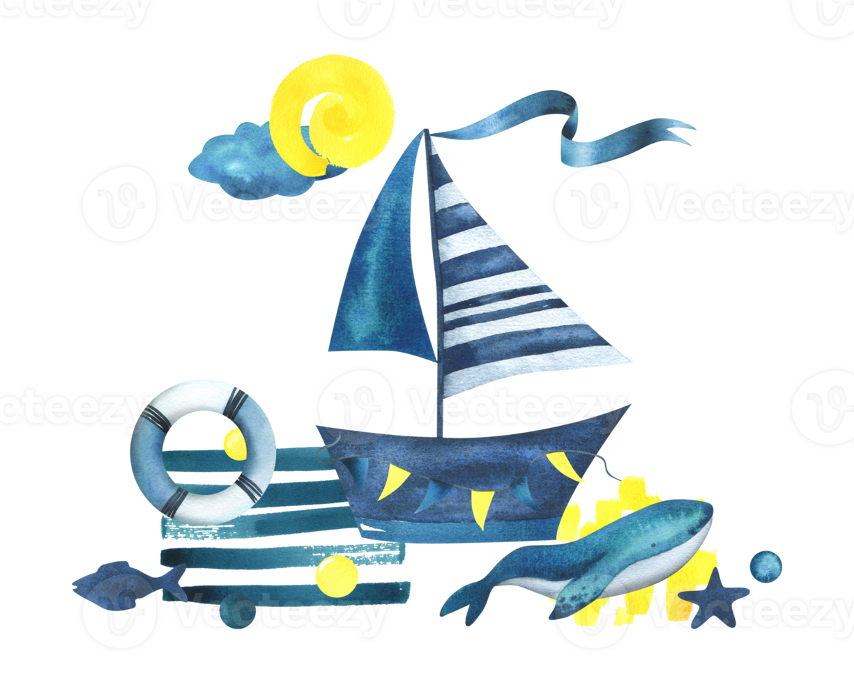 Sailing boat striped floats on the sea with a whale, seascape. Watercolor illustration hand drawn in children's style. Isolated composition png