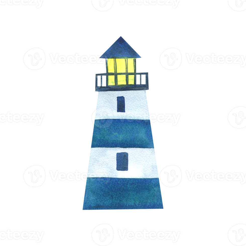 Striped lighthouse in nautical blue and yellow. Watercolor illustration, hand drawn, in a children's, style. png