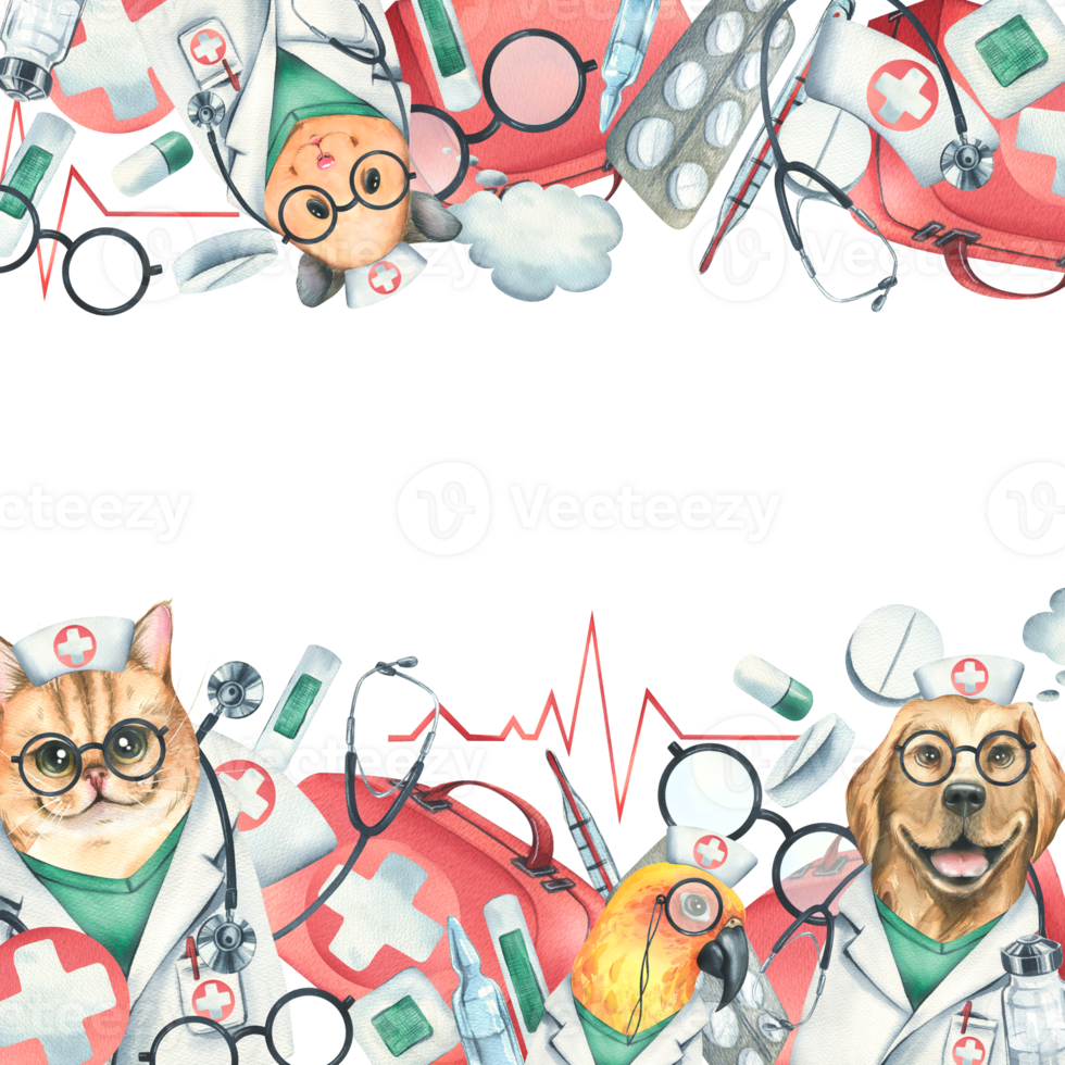 Dog, cat, hamster, parrot doctors in a dressing gown, glasses, with a stethoscope, a suitcase and medical instruments, injections. Watercolor illustration hand drawn. Template png