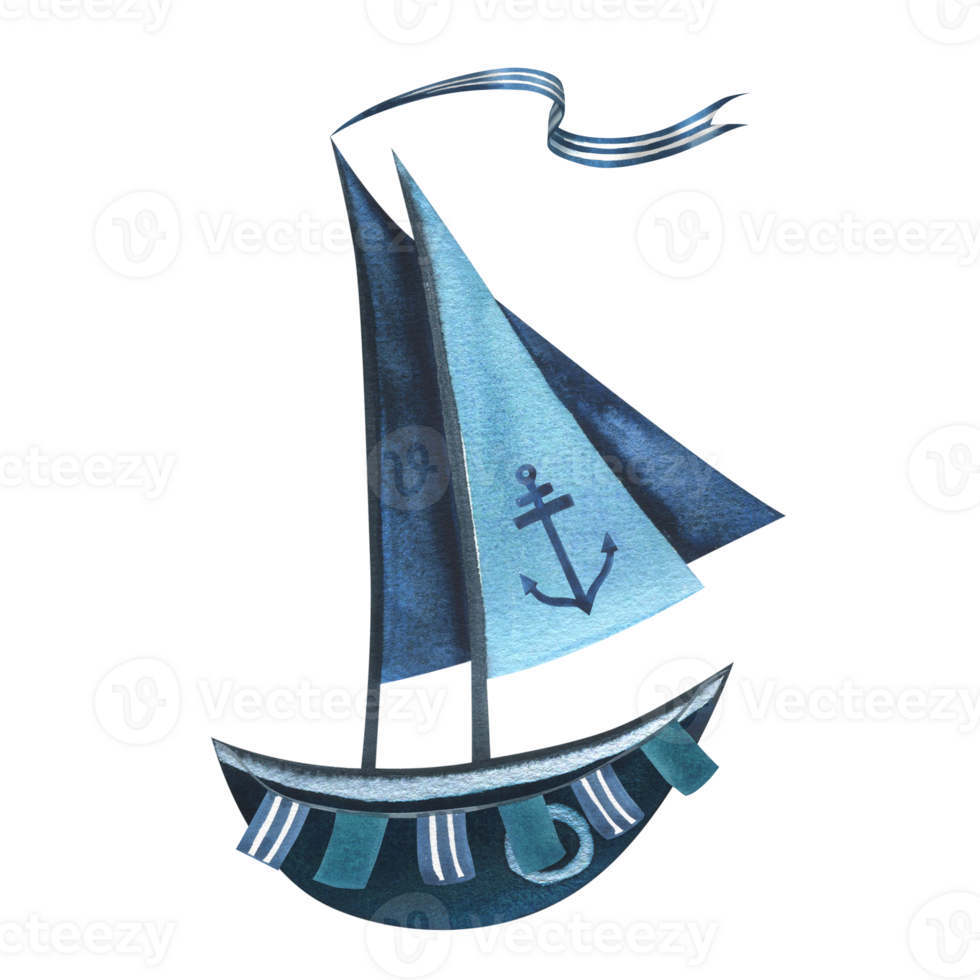 Nice blue boat with sails, striped ribbon, garland flags, anchor. Hand drawn watercolor illustration in children's style. Isolated object png