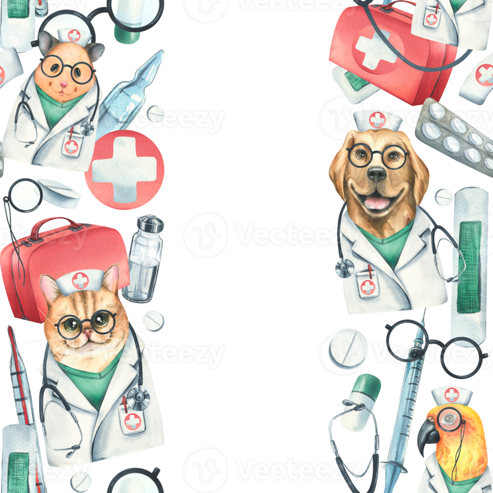 Dog, cat, hamster, parrot doctors in a dressing gown, glasses, with a stethoscope, a suitcase and medical instruments. Watercolor illustration hand drawn. Seamless border template png