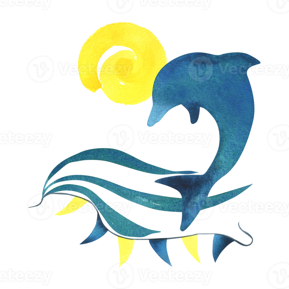 delfin silhuett blå turkos med gul Sol vågor av de hav och en krans av flaggor. vattenfärg illustration hand dragen i barns stil. isolerat sammansättning png