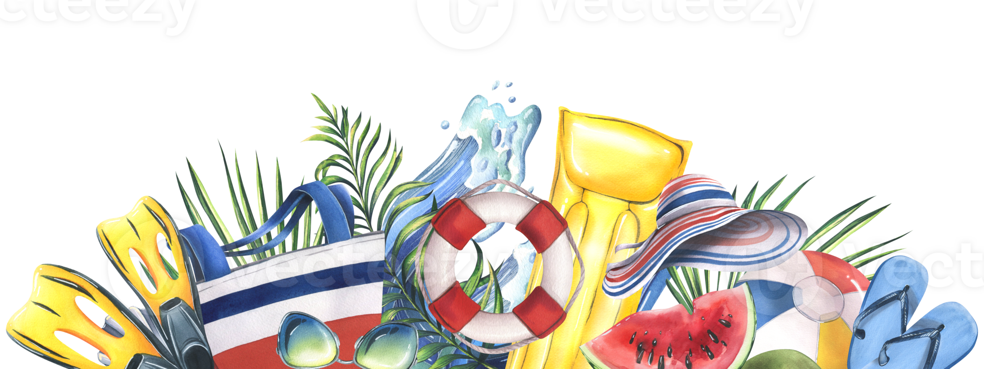 Beach bag, inflatable toys, fruits, tropical palm leaves. Watercolor illustration, hand drawn for cards, posters, beach and summer. Beach template png