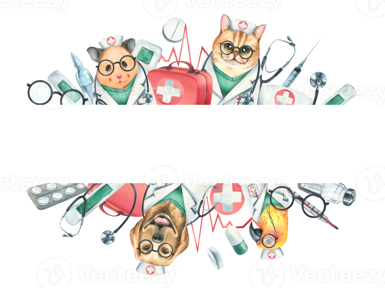 Dog, cat, hamster, parrot doctors in a dressing gown, glasses, stethoscope, a suitcase and medical instruments, injections. Watercolor illustration hand drawn. Template, frame png