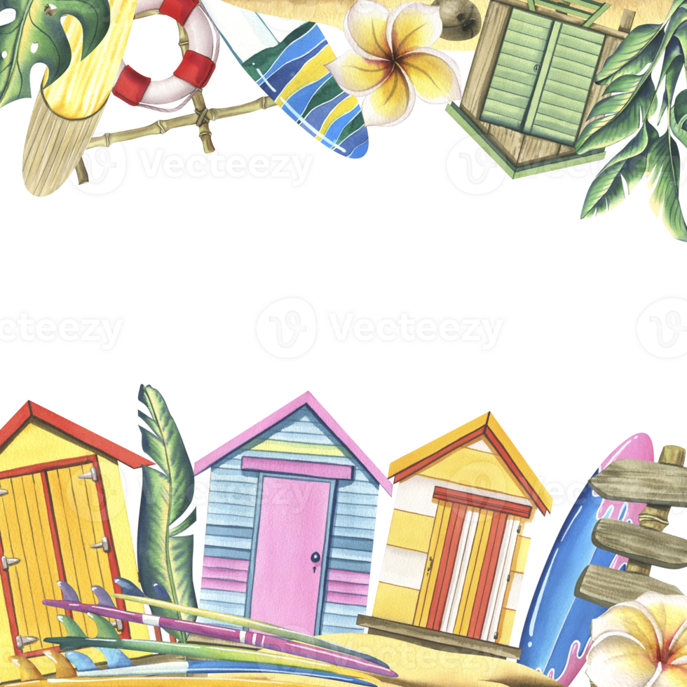 Surfboards, wooden beach cabines, tropical plants and flowers, sandy island. Watercolor illustration hand drawn. Template frame png