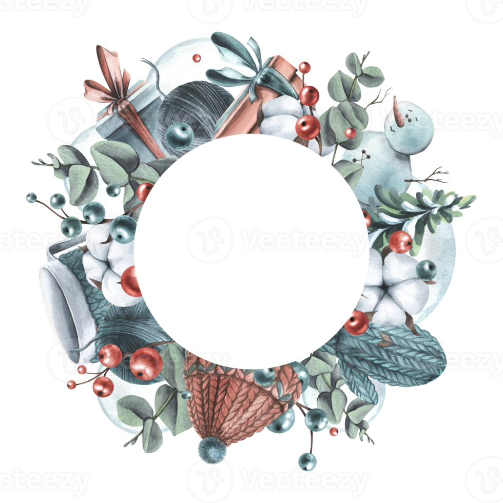 Christmas wreath with New Year's toys, winter knitted clothes, plants, snowman. Watercolor illustration, hand drawn. Template for congratulations and text png