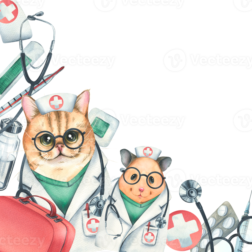 Cat with hamster doctors in a dressing gown, glasses, with a stethoscope, a suitcase and medical instruments, injections. Watercolor illustration hand drawn. Template png