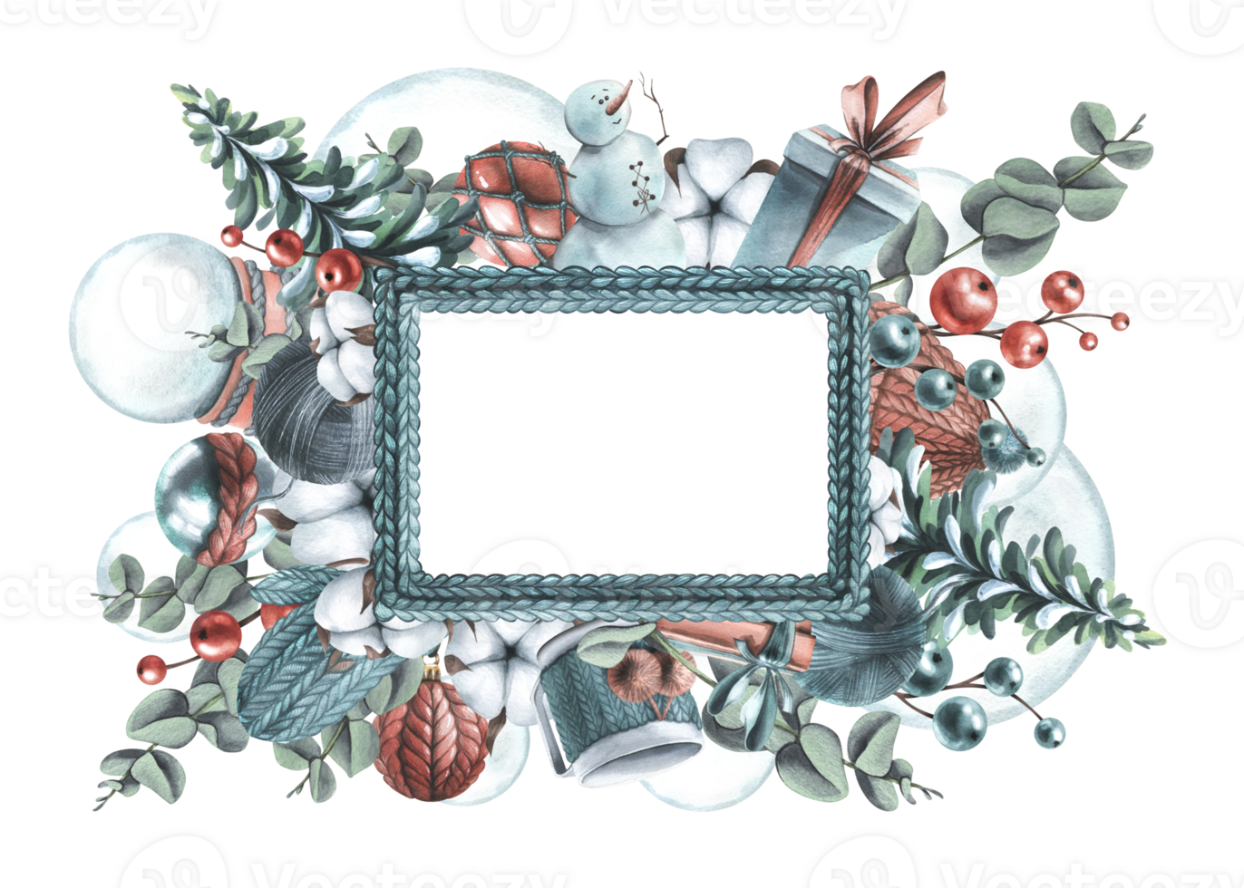 Winter, New Year, Christmas template rectangular frame with a snowman, knitted things, cotton, Christmas balls, toys, gifts. Watercolor illustration hand drawn png