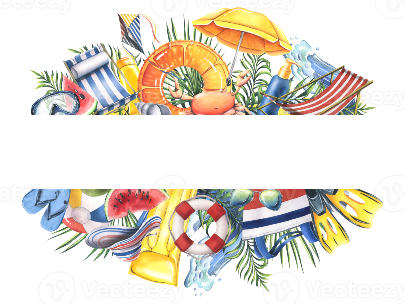Sun loungers, inflatable toys, sun umbrella, tropical palm leaves. Watercolor illustration, hand drawn for cards, posters, beach and summer. Beach template, frame png