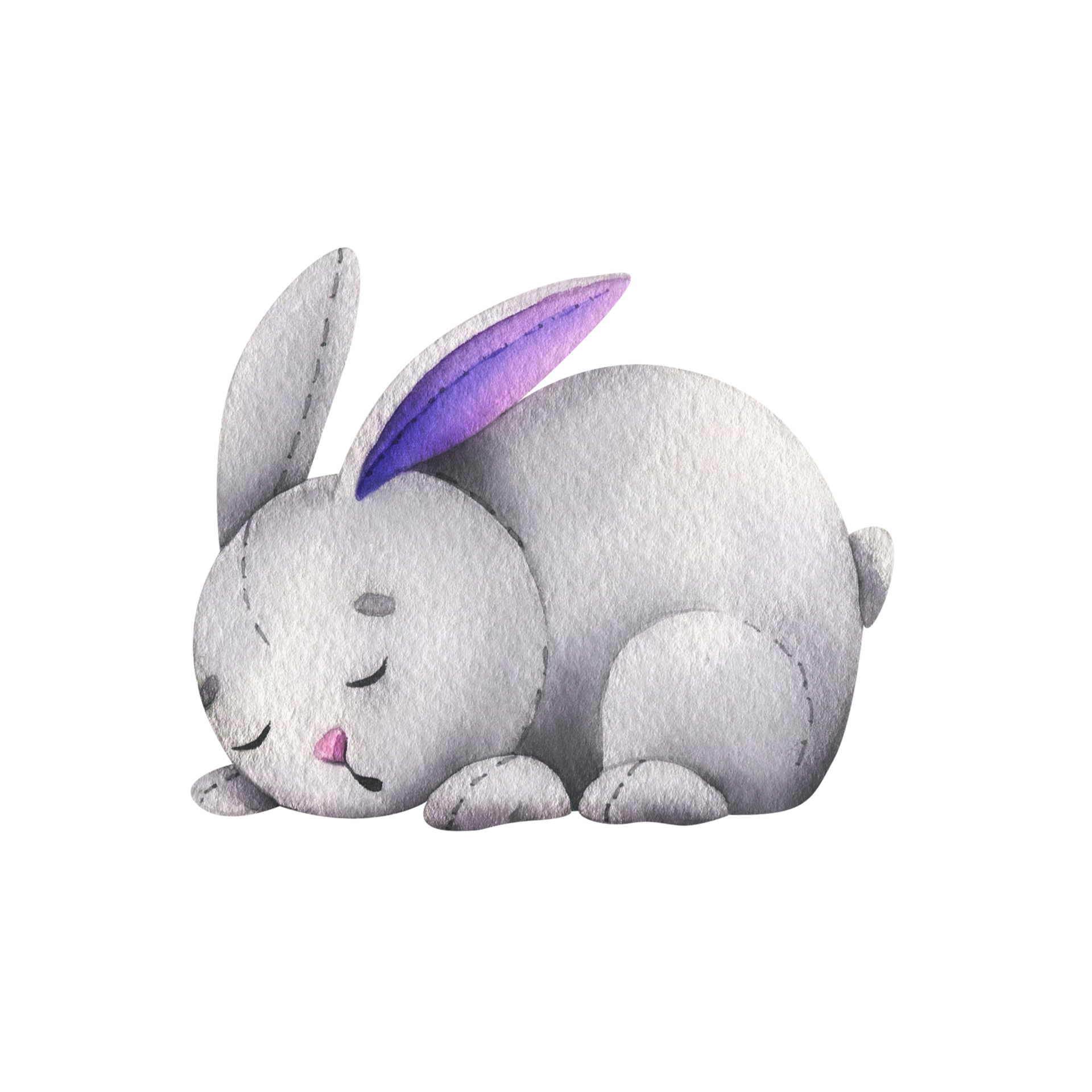 A cute sleeping gray bunny sewn from fabric with lilac ears. Watercolor