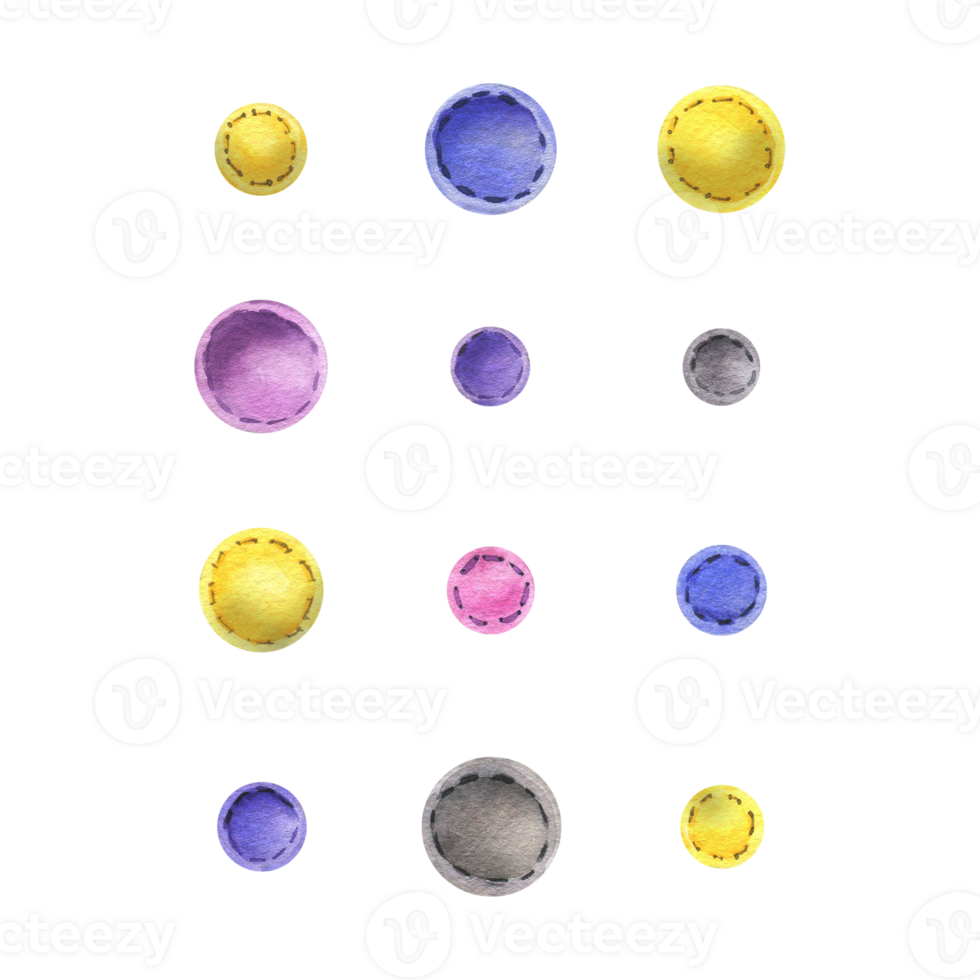 Beads sewn from felt fabric, different colors of yellow, blue, gray, pink with thread stitches. Watercolor illustration, hand drawn. Set of isolated elements png