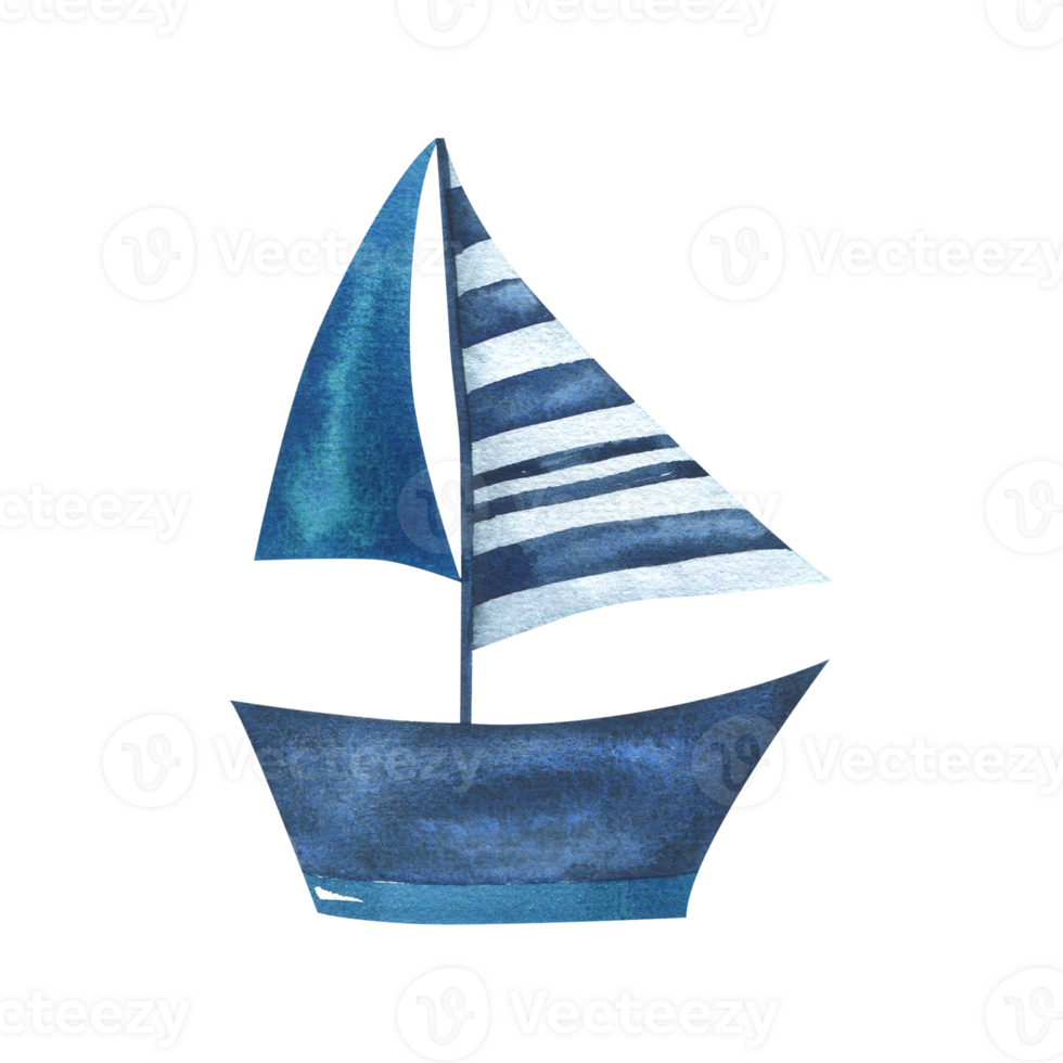 Nice blue boat with straped sails. Hand-drawn watercolor illustration in children's style. Isolated object png