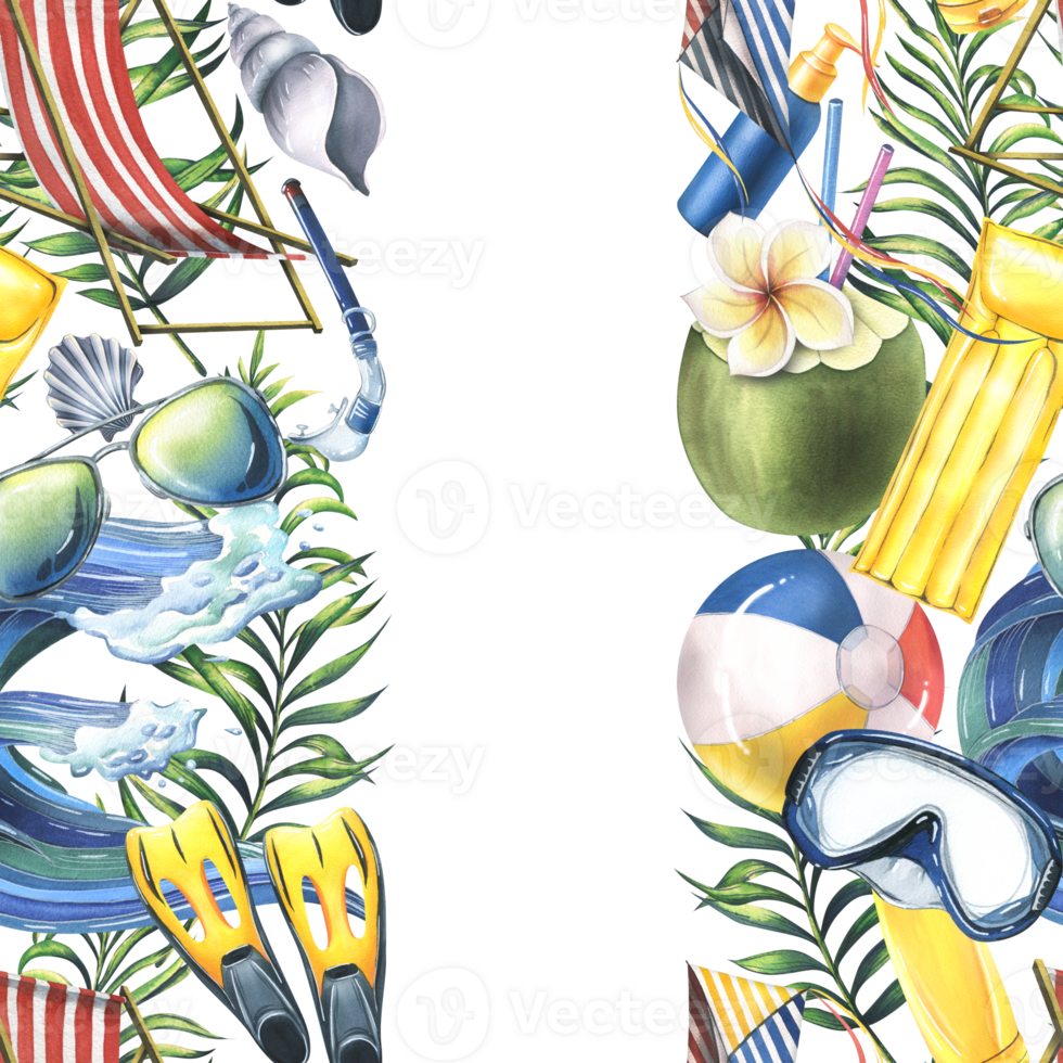 Sun loungers, inflatable toys, sun umbrella, tropical palm leaves. Watercolor illustration, hand drawn for cards, posters, beach and summer. Beach template png