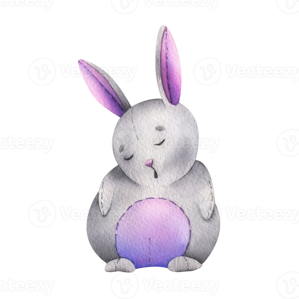 A stuffed bunny sewn from fabric in gray, pink and purple with stitches of thread sits sleeping. Hand drawn watercolor illustration for poster, postcard. Isolated object png
