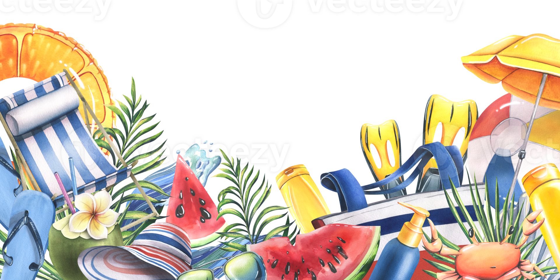 Beach vacation template with inflatable toys, fruits, sun loungers, umbrella, creams, snorkel mask and accessories. Watercolor illustration, hand drawn for flyers, advertising, summer banners. png