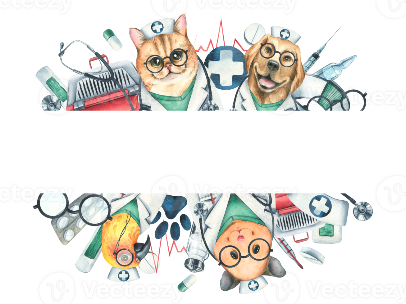 Veterinary doctors hamster, dog, cat, parrot, pet carrier, medicines. Watercolor illustration, hand drawn, for the design of clinics, hospitals, pharmacies. Frame template png