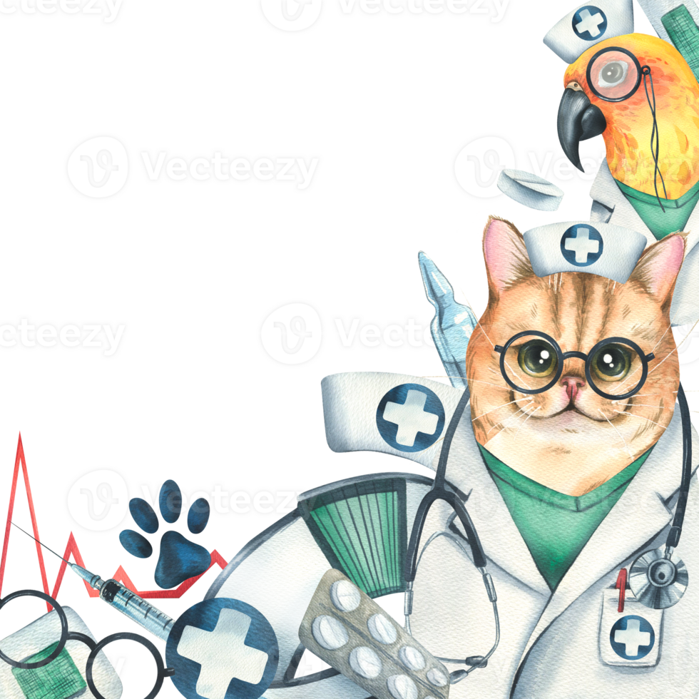 Veterinary doctors cat with parrot, medical instruments, footprints. Watercolor illustration, hand drawn, for the design of clinics, hospitals, pharmacies. Template png