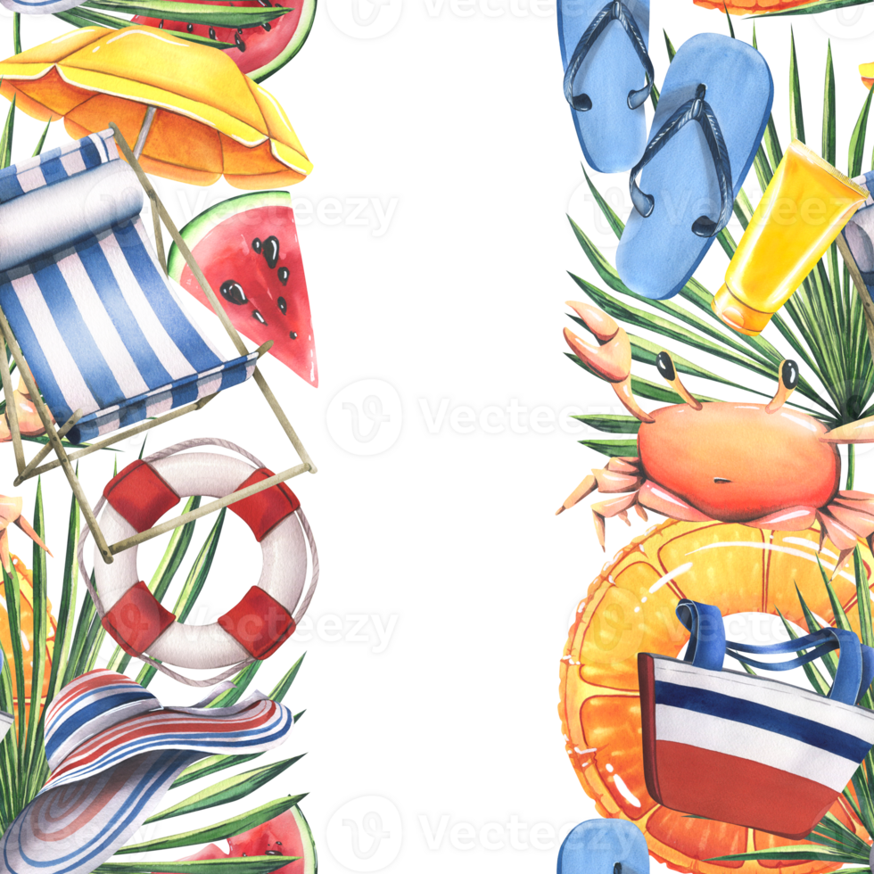 Beach vacation seamless template with inflatable toys, fruits, sun loungers, umbrella, creams, snorkel mask and accessories. Watercolor illustration, hand drawn for flyers, advertising, summer banners png