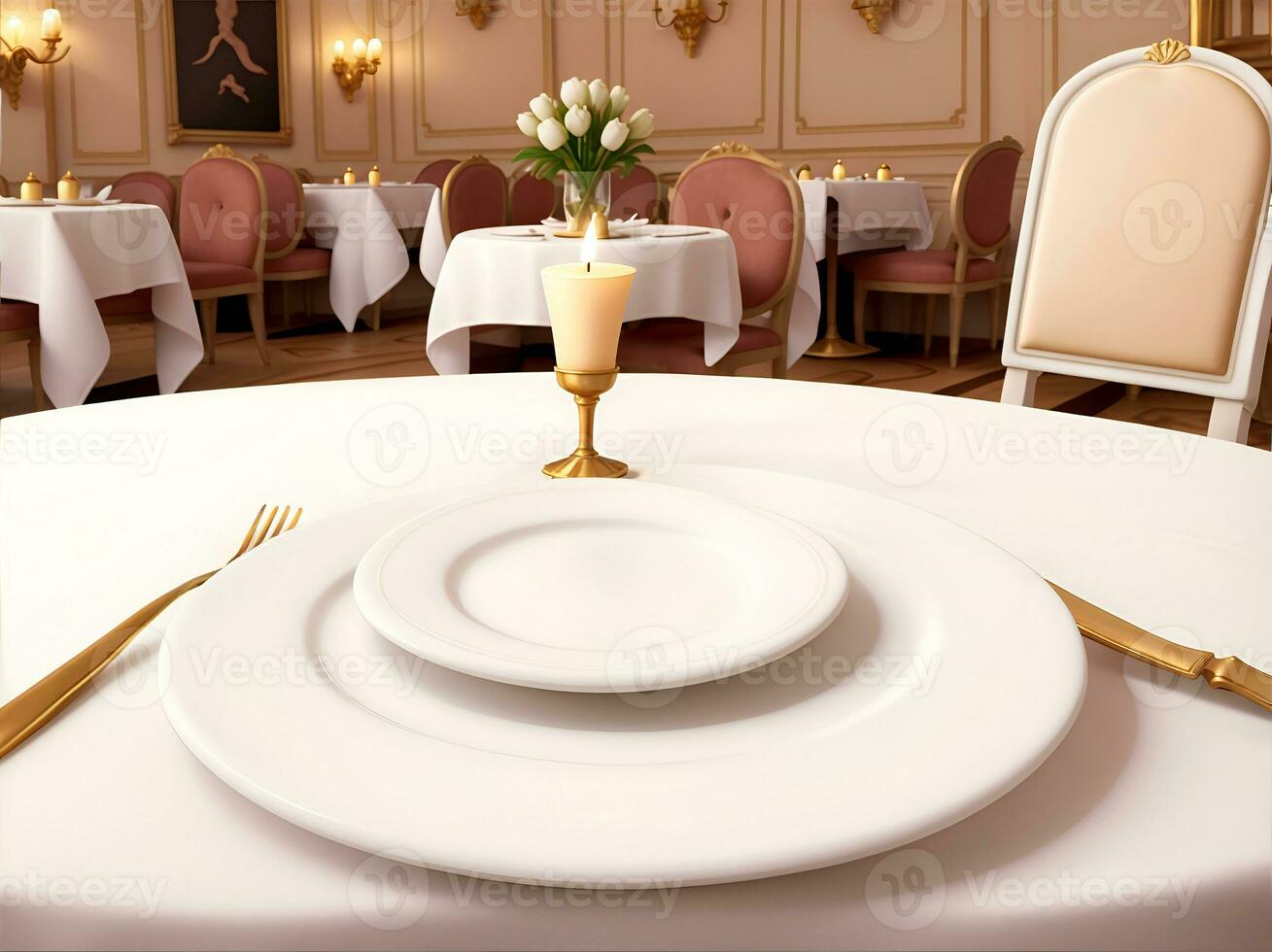Template empty plate in expensive luxury restaurant. Tableware serving mockup, copy space. photo