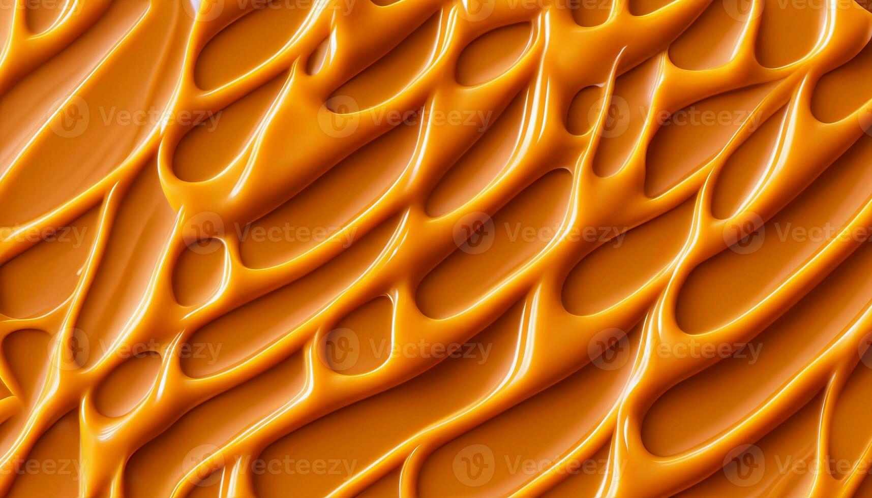 Delicious melted caramel texture. Flow, wave and drops splash caramels sauce. Sweet food design background. AI Generative photo