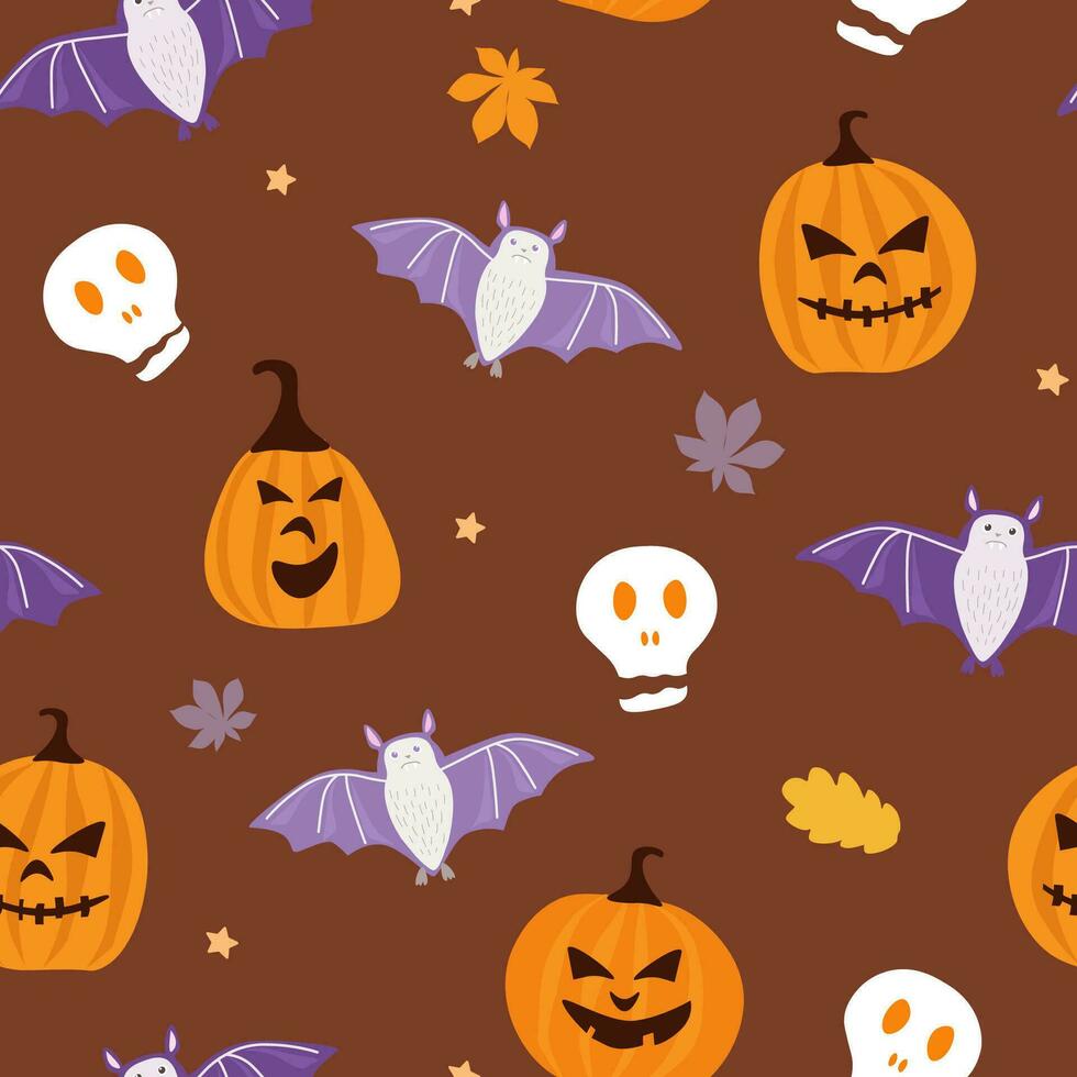 Seamless pattern with Halloween print. Funny bats, skulls, pumpkins with scary smiles. Vector graphics.