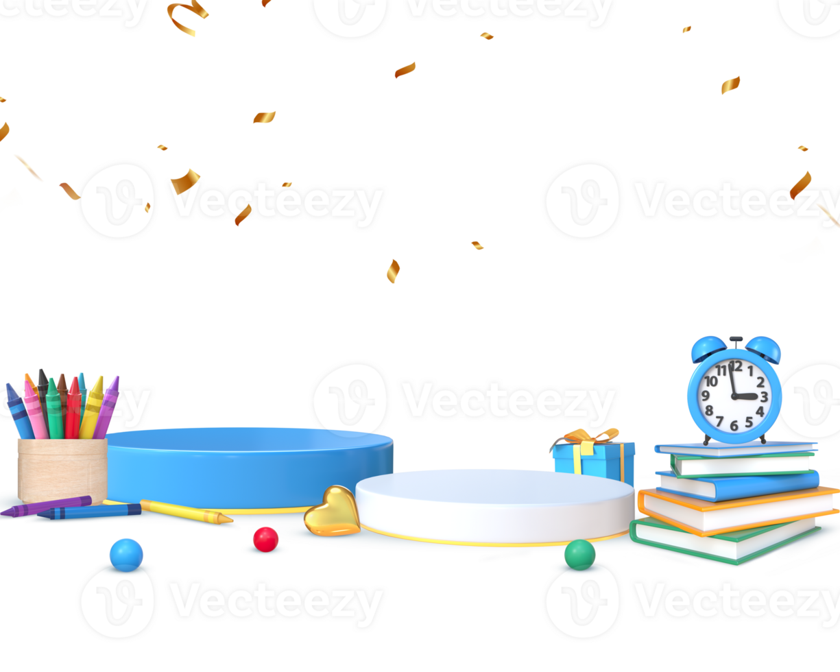 3D Rendering Blue Podium With Back To School Icons For Product Placement png