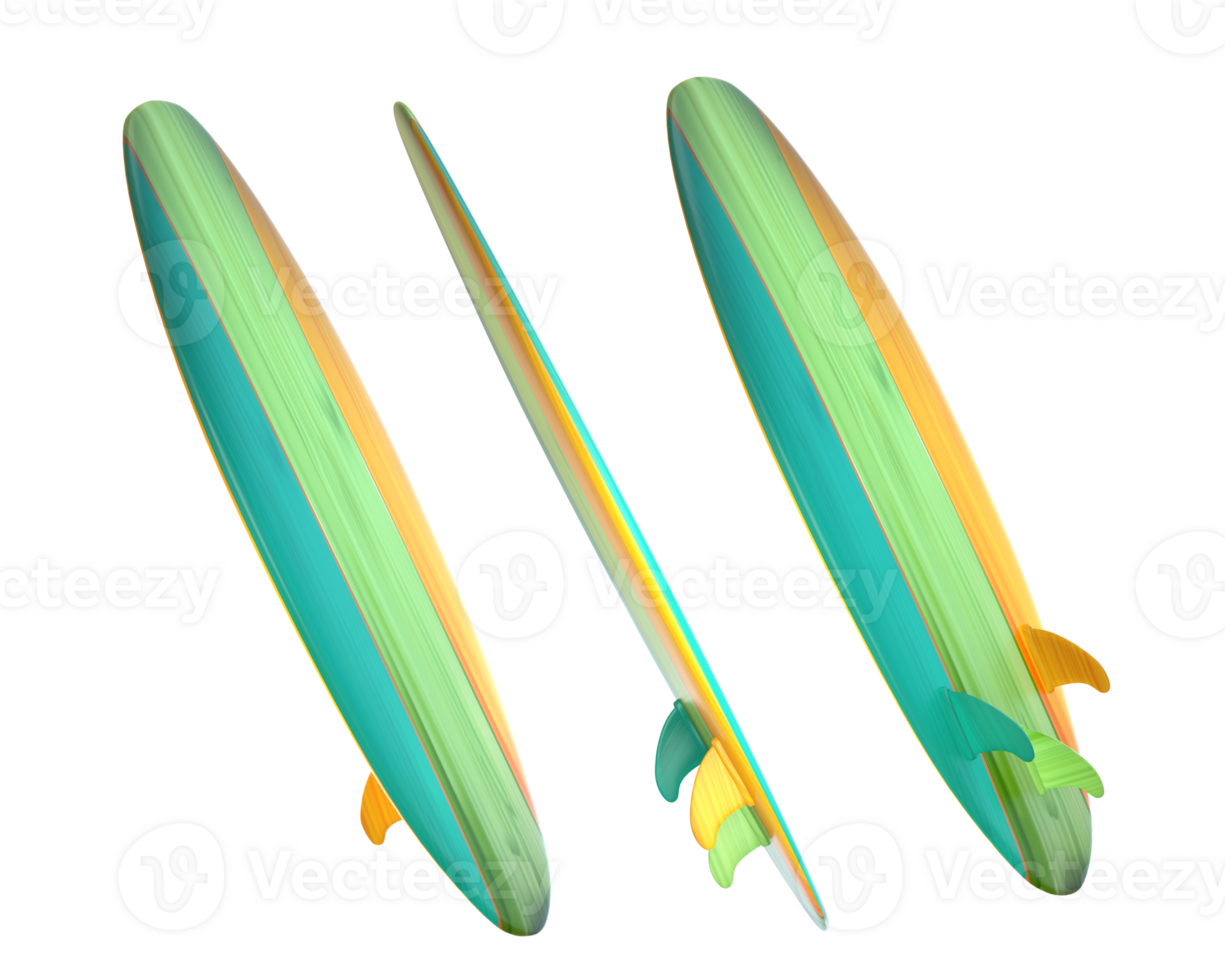3D Rendering Green And Orange Wooden Surfboard Front, Side And Back View png