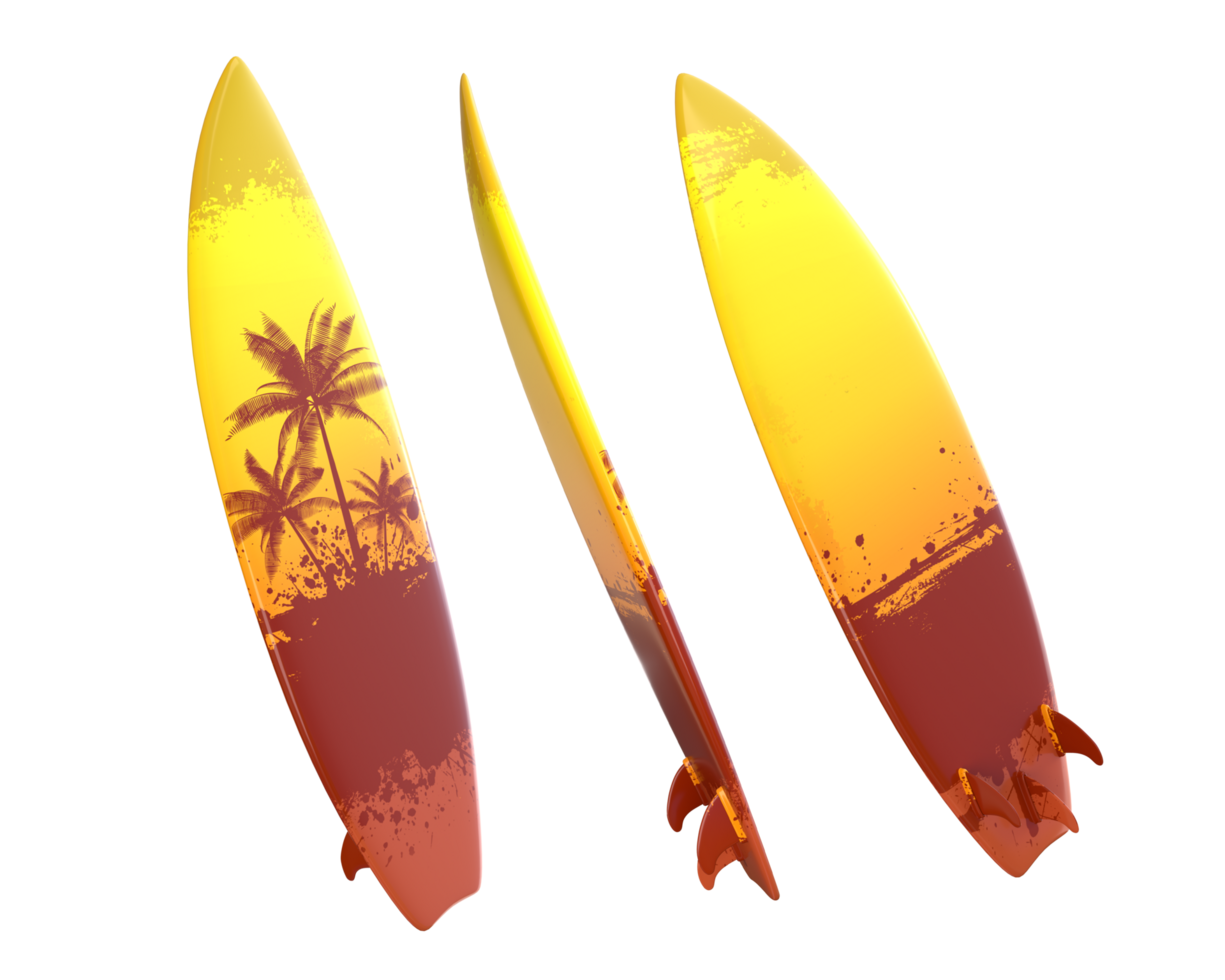 3d le rendu Jaune et marron planche de surf avec paume des arbres devant, côté et retour vue png