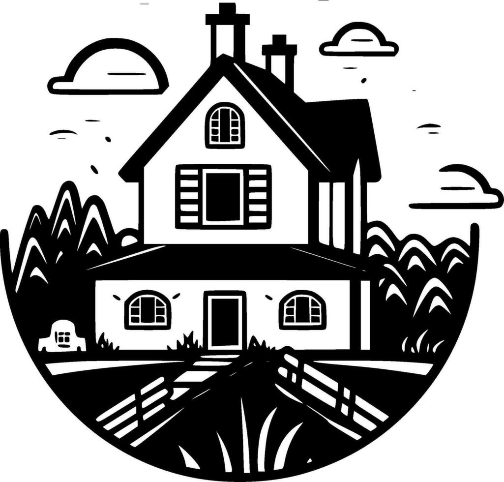 Farmhouse, Black and White Vector illustration