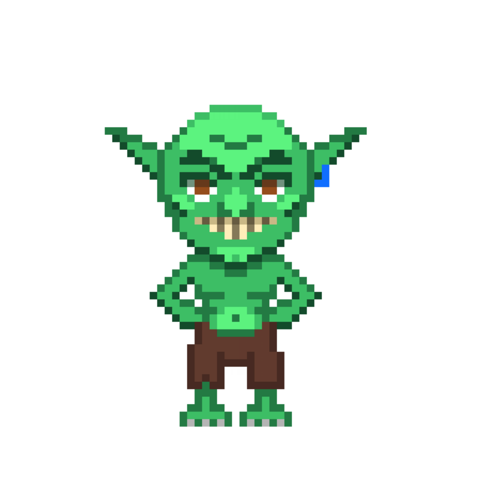 An 8-bit retro-styled pixel-art illustration of a green goblin with sapphire jewerly. png
