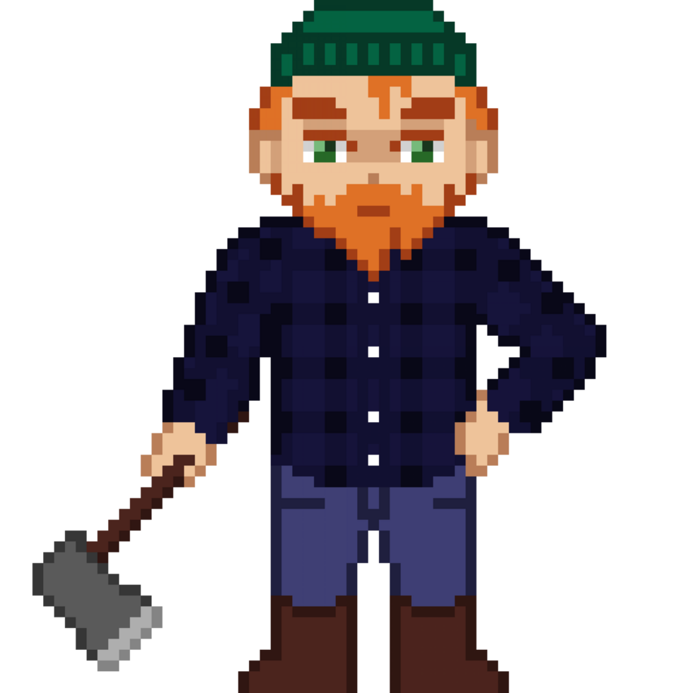 An 8-bit retro-styled pixel-art illustration of a lumberjack wearing a blue flannel and holding an iron axe. png