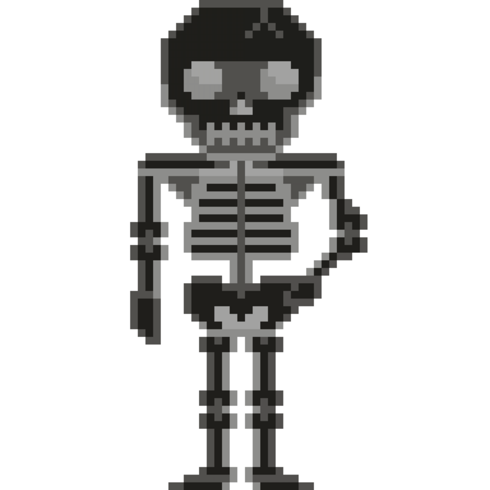 An 8-bit retro-styled pixel-art illustration of a black skeleton. png