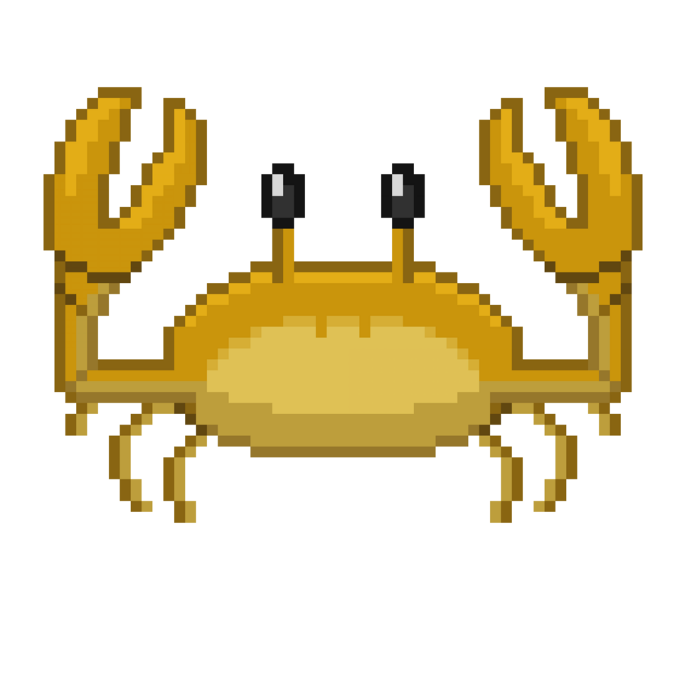 An 8-bit retro-styled pixel-art illustration of a yellow pinching crab. png