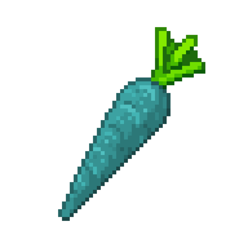 An 8-bit retro-styled pixel-art illustration of a blue carrot. png